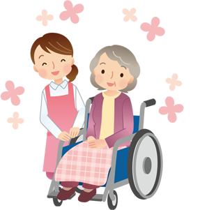 笑顏の女性介護士と笑顏の車椅子の女性のイラスト